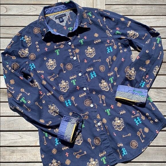Tommy Hilfiger Women’s Navy Key Print Collared Button Down Shirt Blouse Small - Picture 1 of 9